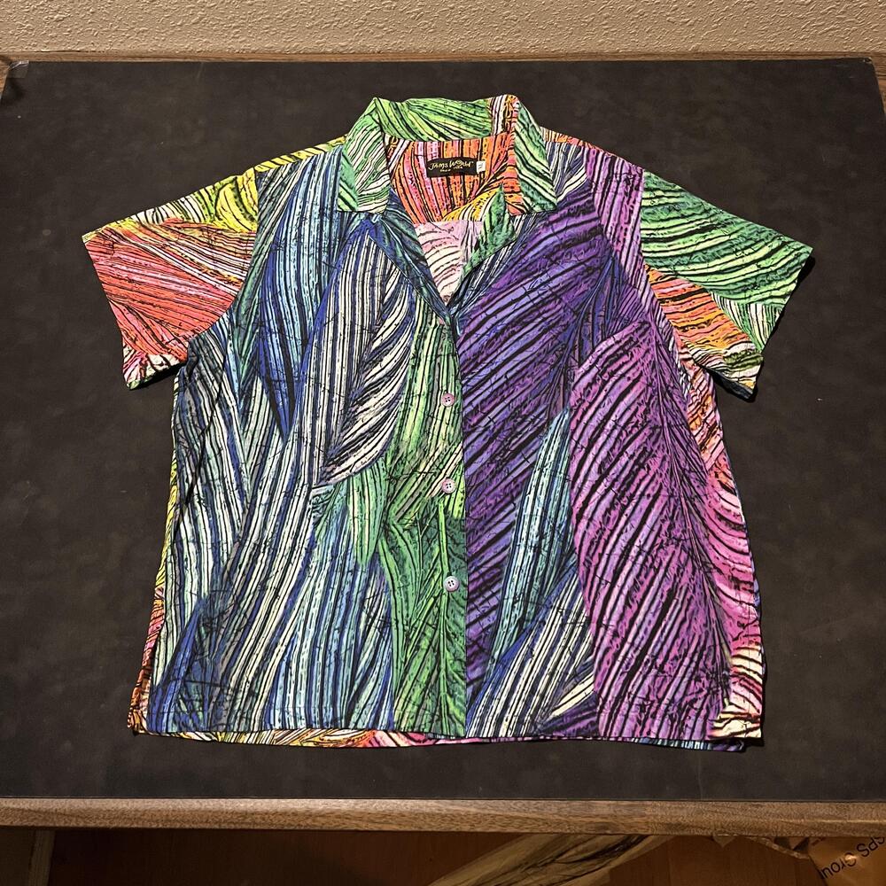 Jams World Shirt Womens 1X Multicolor Abstract Leaf Hawaiian Aloha Button Front